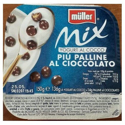 Müller кокосовый йогурт Mix с шоколадными шариками, 150 г