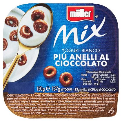 Müller Mix white yogurt with chocolate rings, 150 g