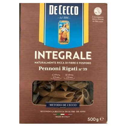 De Cecco цельнозерновые макароны пеннони ригати №39, 500 г