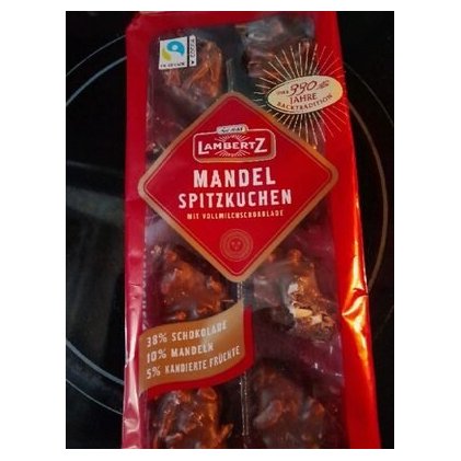Lambertz gingerbread with almonds and candied fruits in milk chocolate Spitzkuchen, 100 g