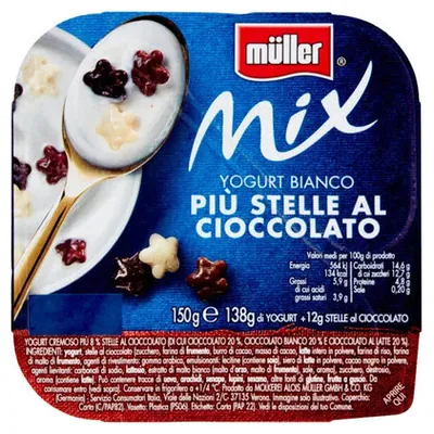 Müller Mix white yogurt with chocolate stars, 150 g