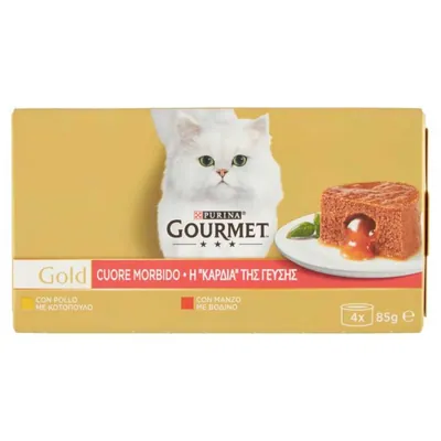 Purina Gourmet Gold soft heart cat food with beef and chicken, 4 × 85 g