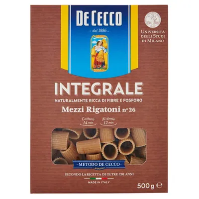 De Cecco wholemeal mezzi rigatoni pasta, 500 g