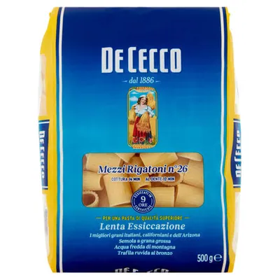 De Cecco Mezzi Rigatoni pasta nº 26, 500 g