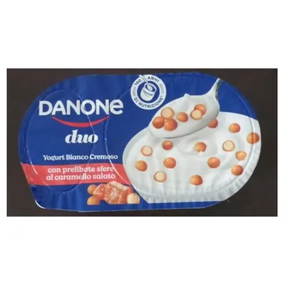 Danone кремовый белый йогурт Duo с шариками со вкусом солёной карамели, 98 г