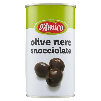 D'Amico маслины черные без косточки, в жестяной банке, 350 г