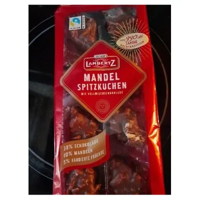 Lambertz gingerbread with almonds and candied fruits in milk chocolate Spitzkuchen, 100 g